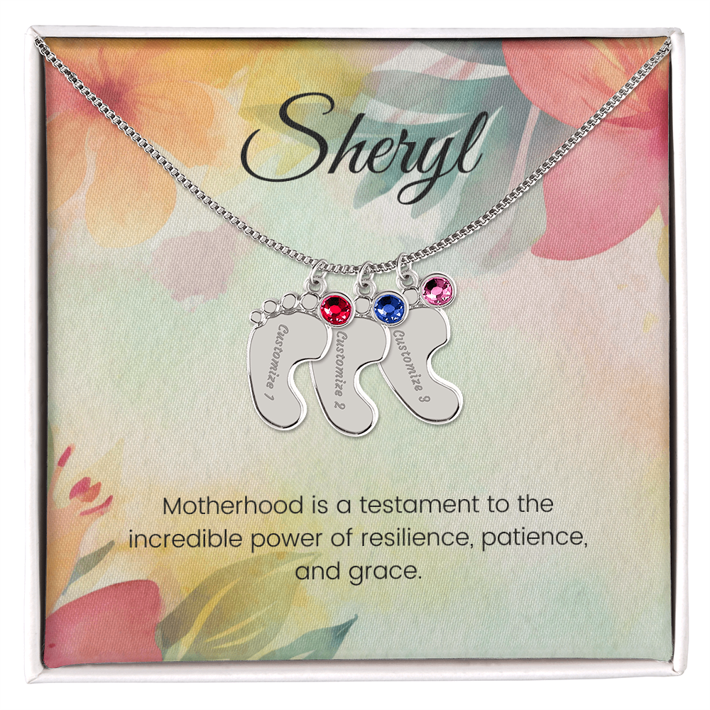 Engraved Baby Feet Necklace with Birthstone – Motherhood's Power of Resilience, Patience & Grace | Gift for New Moms
