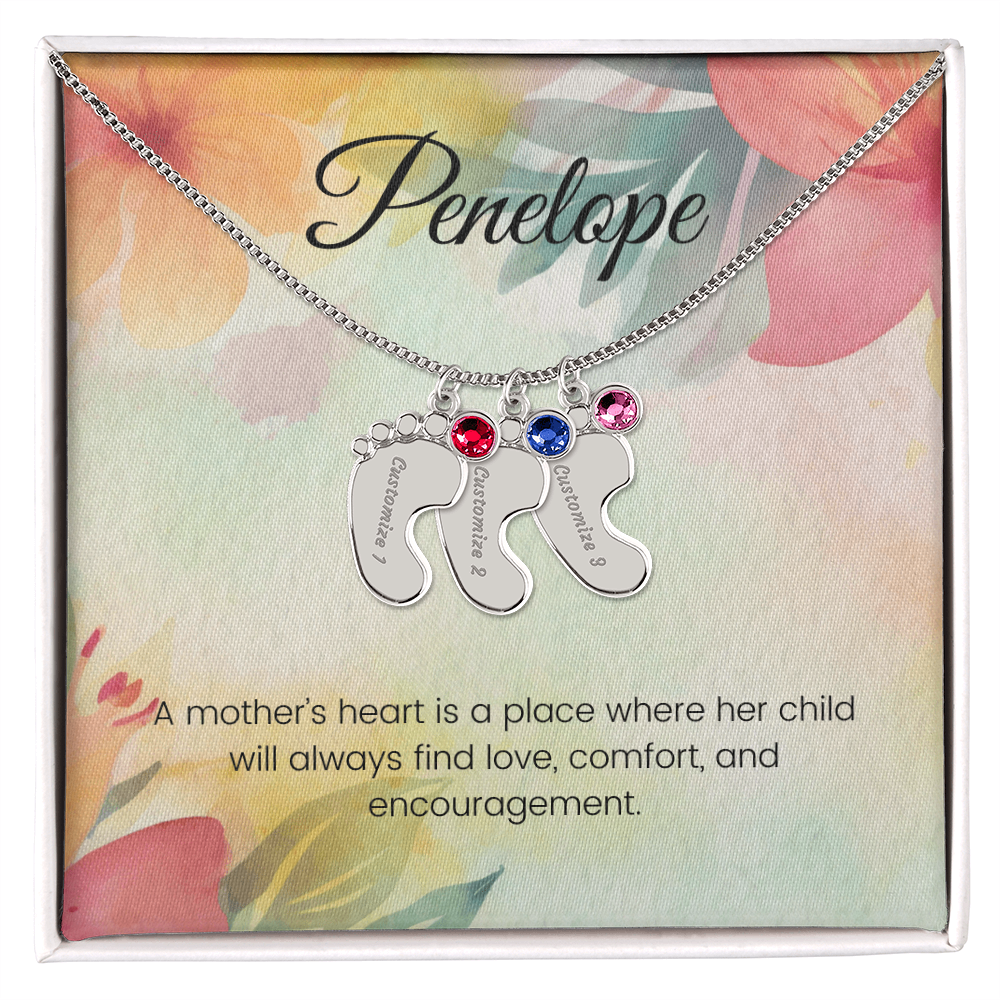 Engraved Baby Feet Necklace with Birthstone – A Mother's Heart: A Place of Love, Comfort & Encouragement | Perfect Gift for New Moms