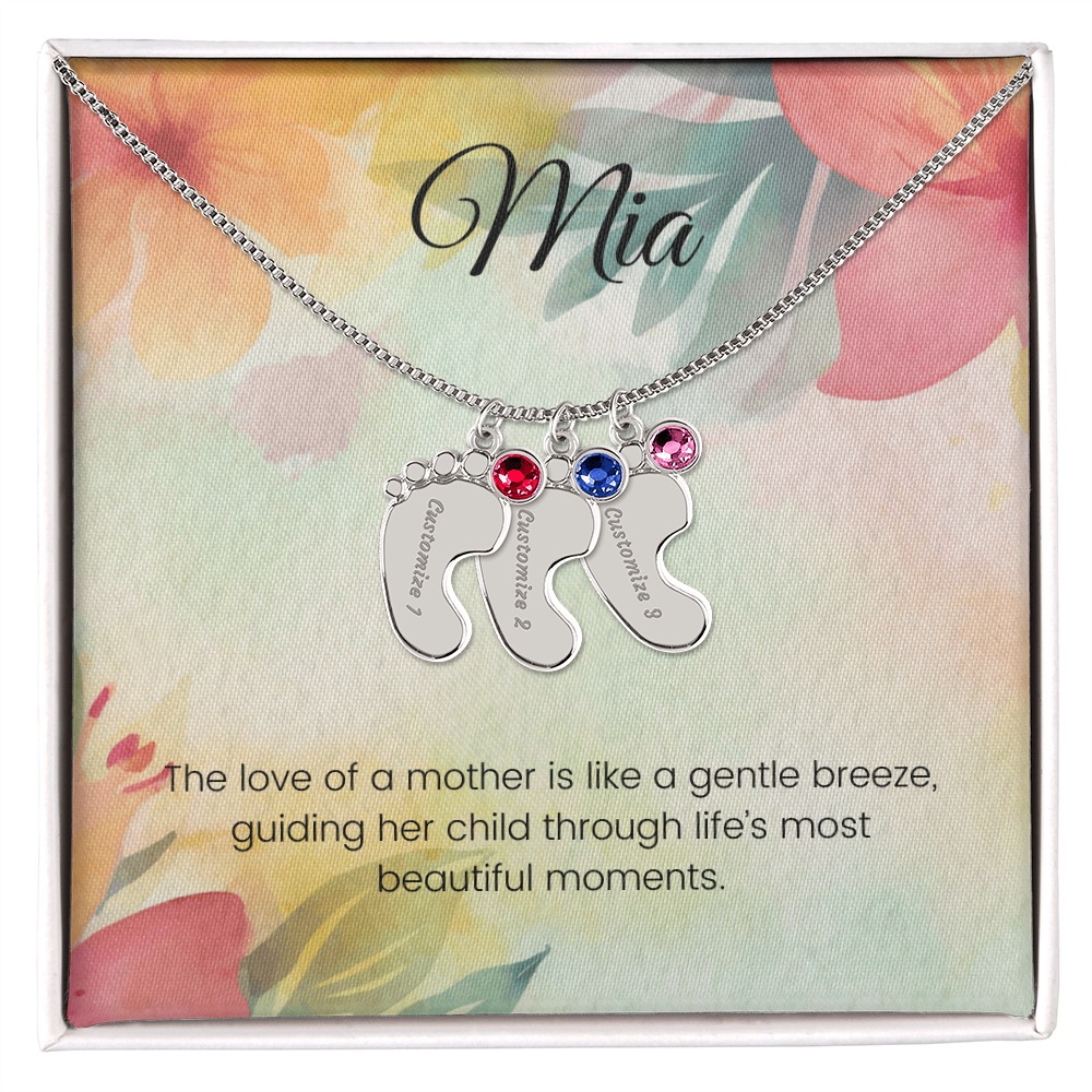 Engraved Baby Feet Necklace with Birthstone – A Mother's Love: Like a Gentle Breeze Guiding Her Child | Ideal Gift for New Moms