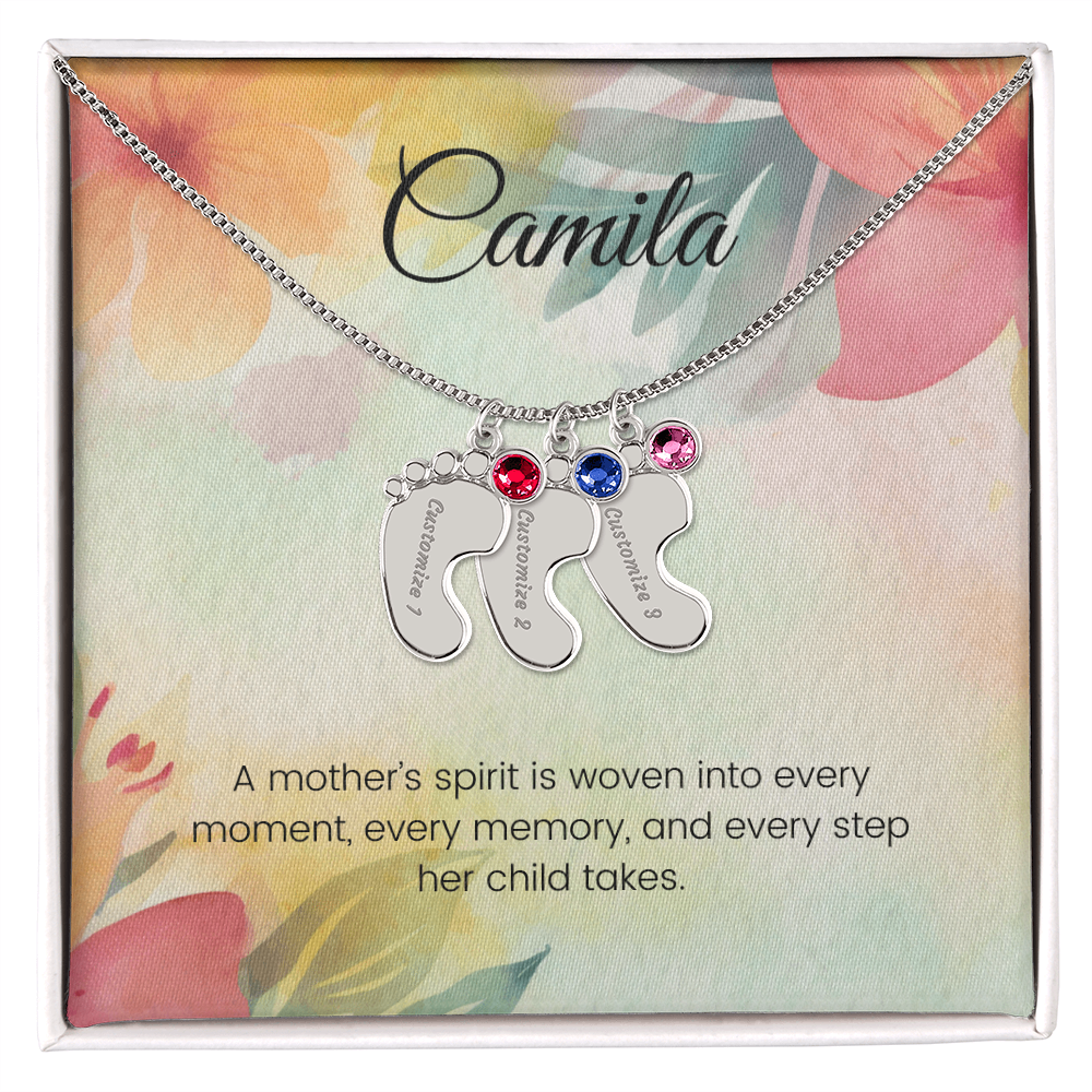 Engraved Baby Feet Necklace with Birthstone – A Mother's Spirit Woven into Every Moment | Gift for New Moms