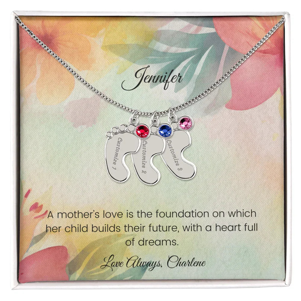A Mother's Love Is the Foundation - Engraved Baby Feet Necklace with Birthstone