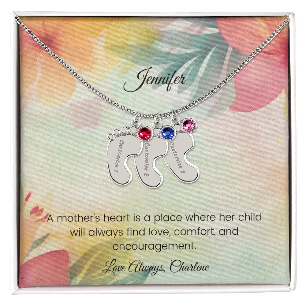 A Mother's Heart Is a Place - Engraved Baby Feet Necklace with Birthstone