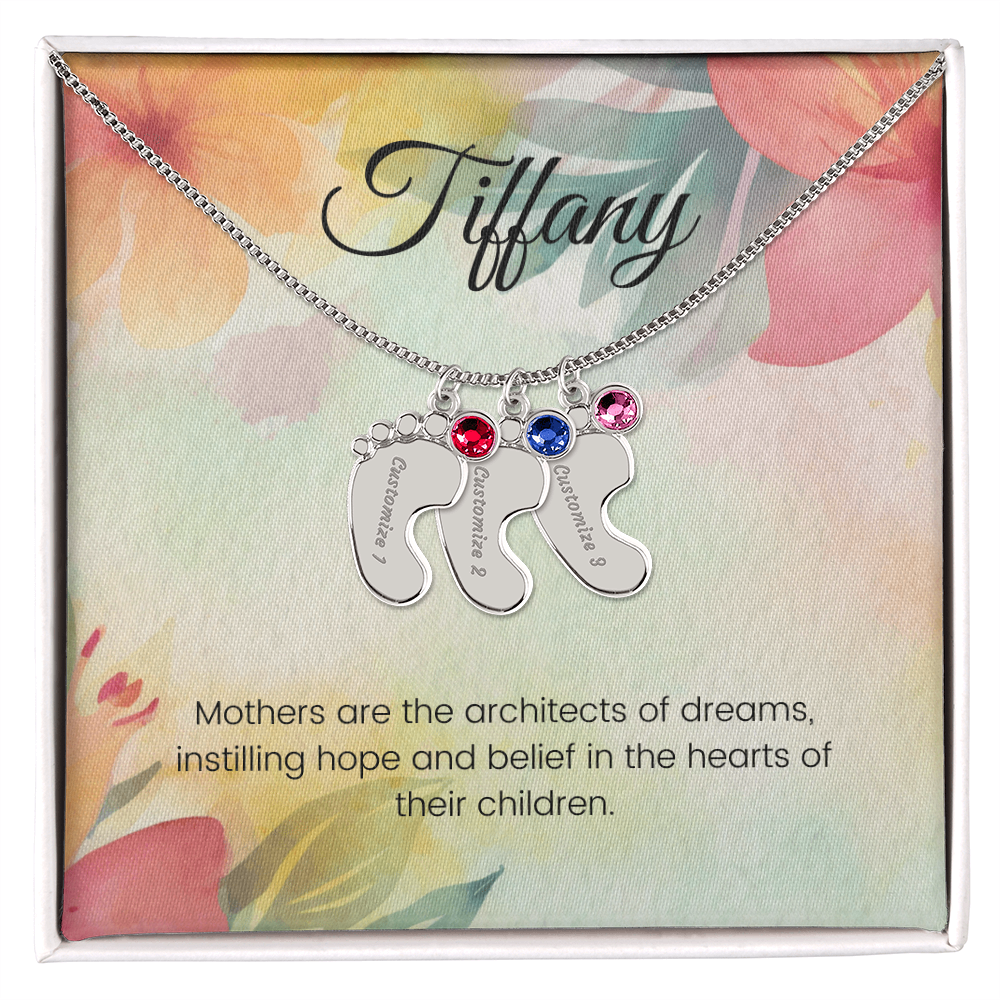 Engraved Baby Feet Necklace with Birthstone – Architects of Dreams: Love, Hope & Belief | Ideal Gift for Moms & New Moms