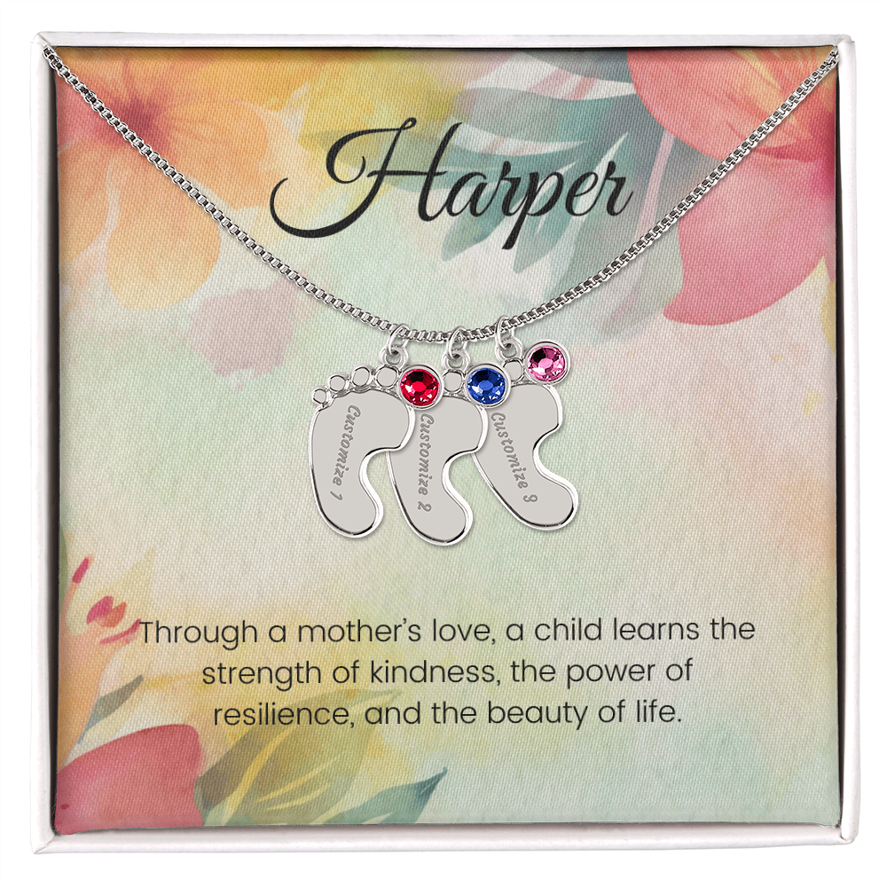 Engraved Baby Feet Necklace with Birthstone – Through a Mother's Love, Strength & Resilience Blossom | Ideal Gift for New Moms