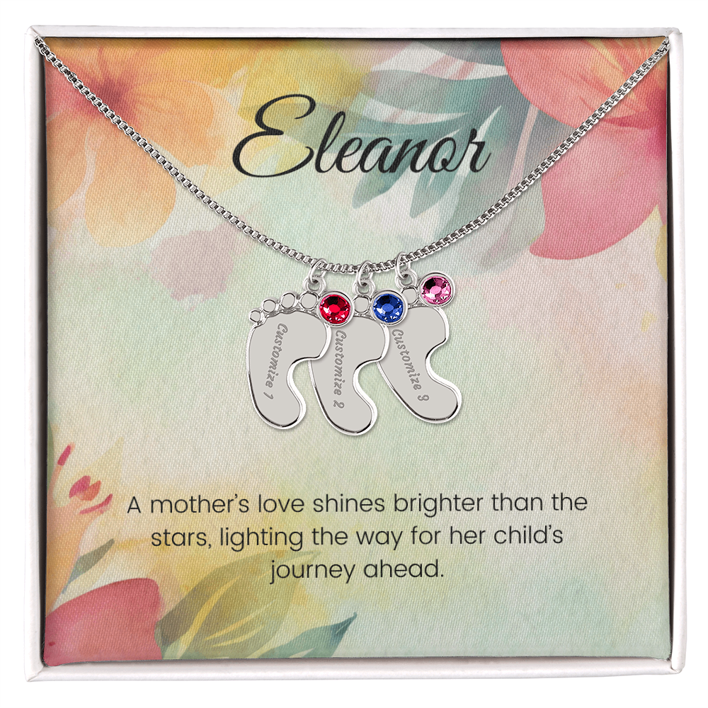 Engraved Baby Feet Necklace with Birthstone – A Mother's Love Shines Bright, Lighting the Way Ahead | Ideal Gift for New Moms