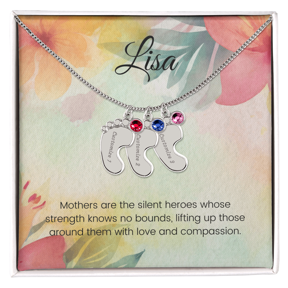 Engraved Baby Feet Necklace with Birthstone – Silent Heroes: A Mother's Strength, Love & Compassion | Ideal Gift for New Moms