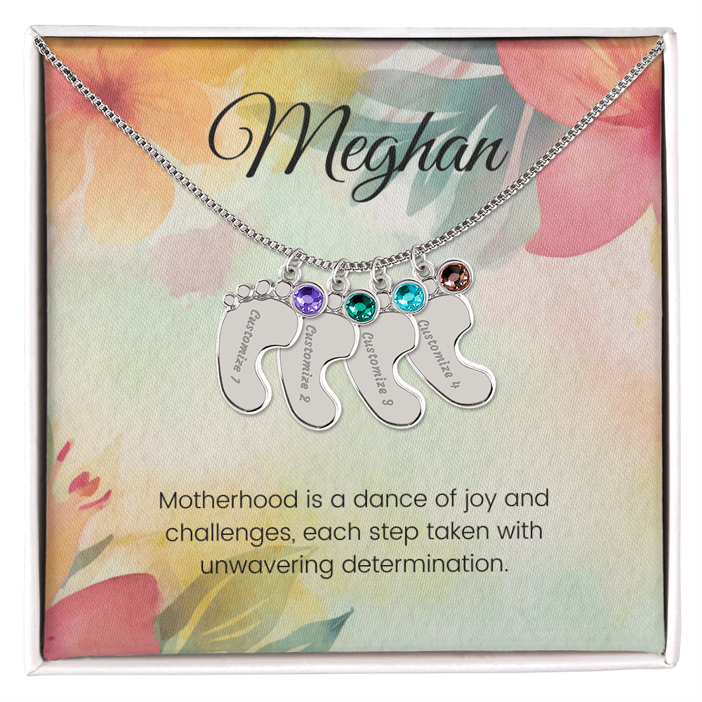 Engraved Baby Feet Necklace with Birthstone – Dance of Motherhood: Joy, Challenges & Unwavering Determination | Gift for New Moms