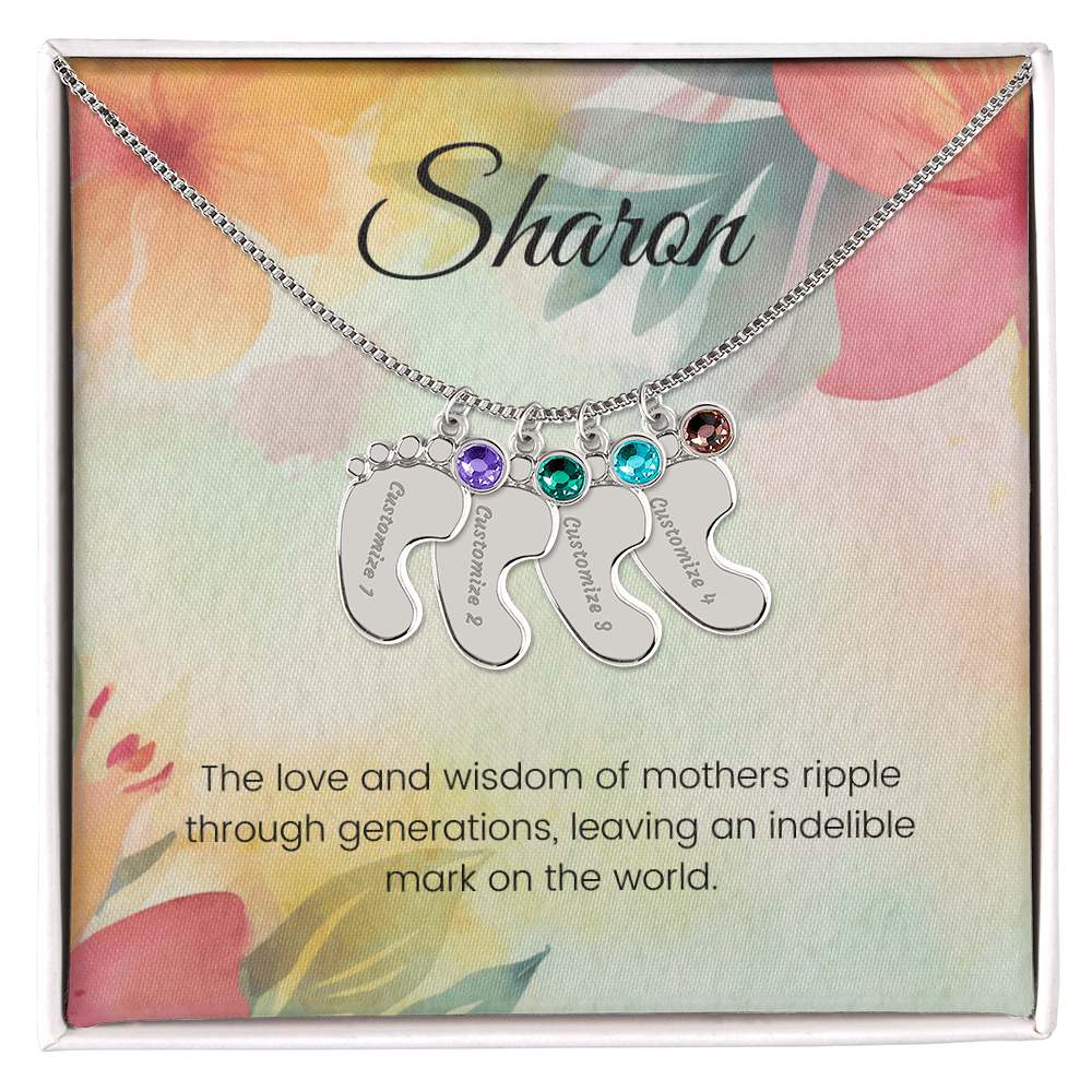 Engraved Baby Feet Necklace with Birthstone – A Mother's Love Ripples Through Generations | Ideal Gift for New Moms