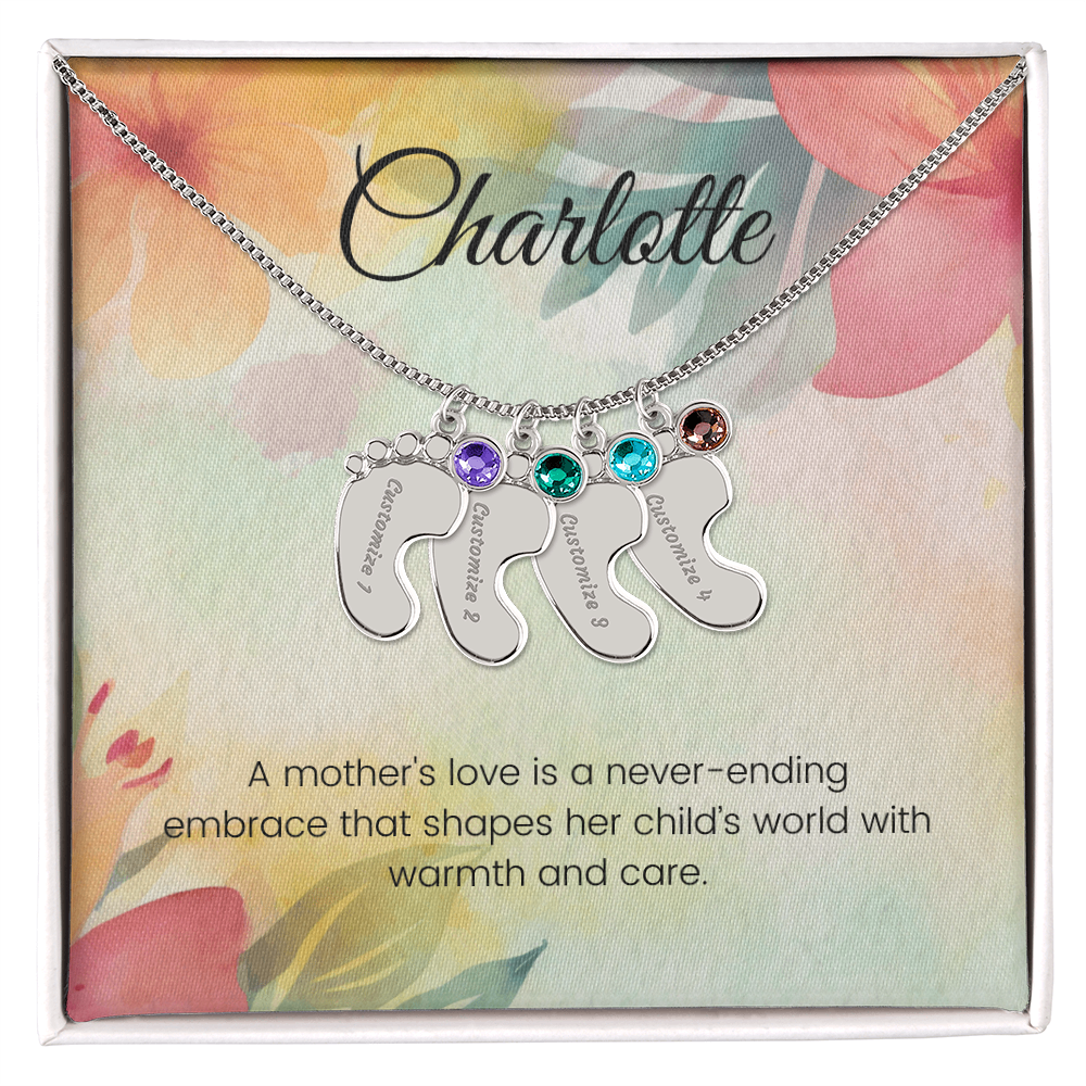 Engraved Baby Feet Necklace with Birthstone – A Mother's Love: A Never-Ending Embrace | Perfect Gift for New Moms