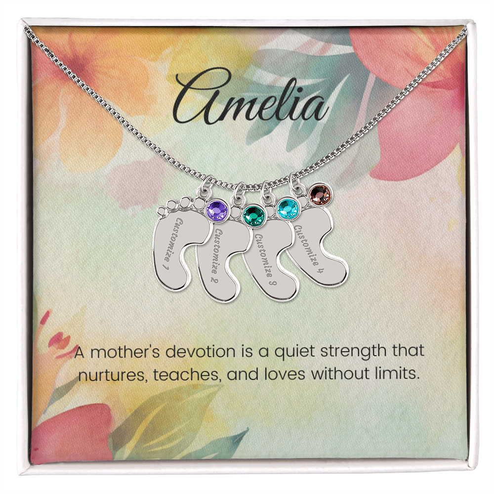 Engraved Baby Feet Necklace with Birthstone – A Mother's Quiet Strength, Nurturing & Loving | Perfect Gift for New Moms