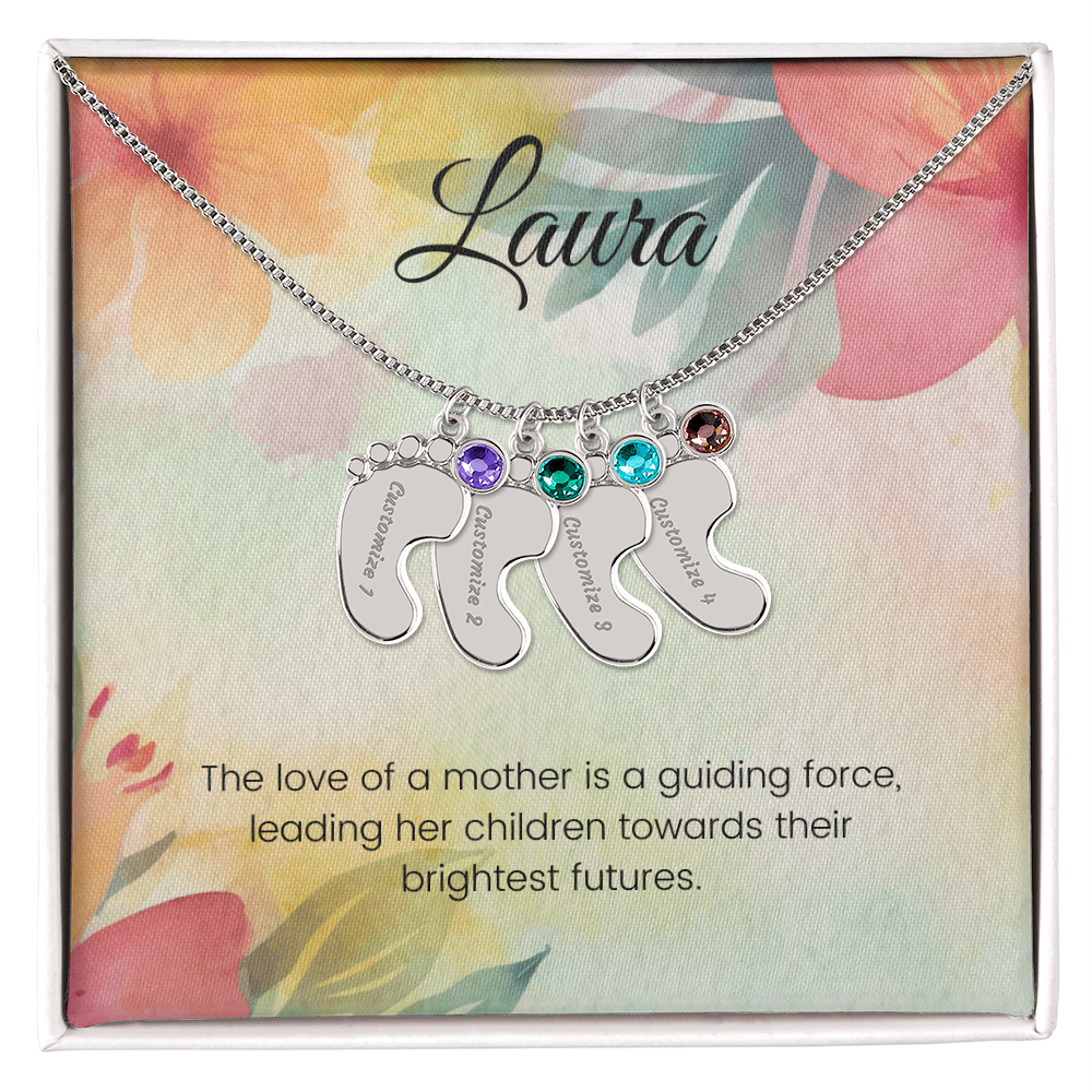 Engraved Baby Feet Necklace with Birthstone – Guiding Force of a Mother's Love | Perfect Gift for New Moms & Moms-to-Be