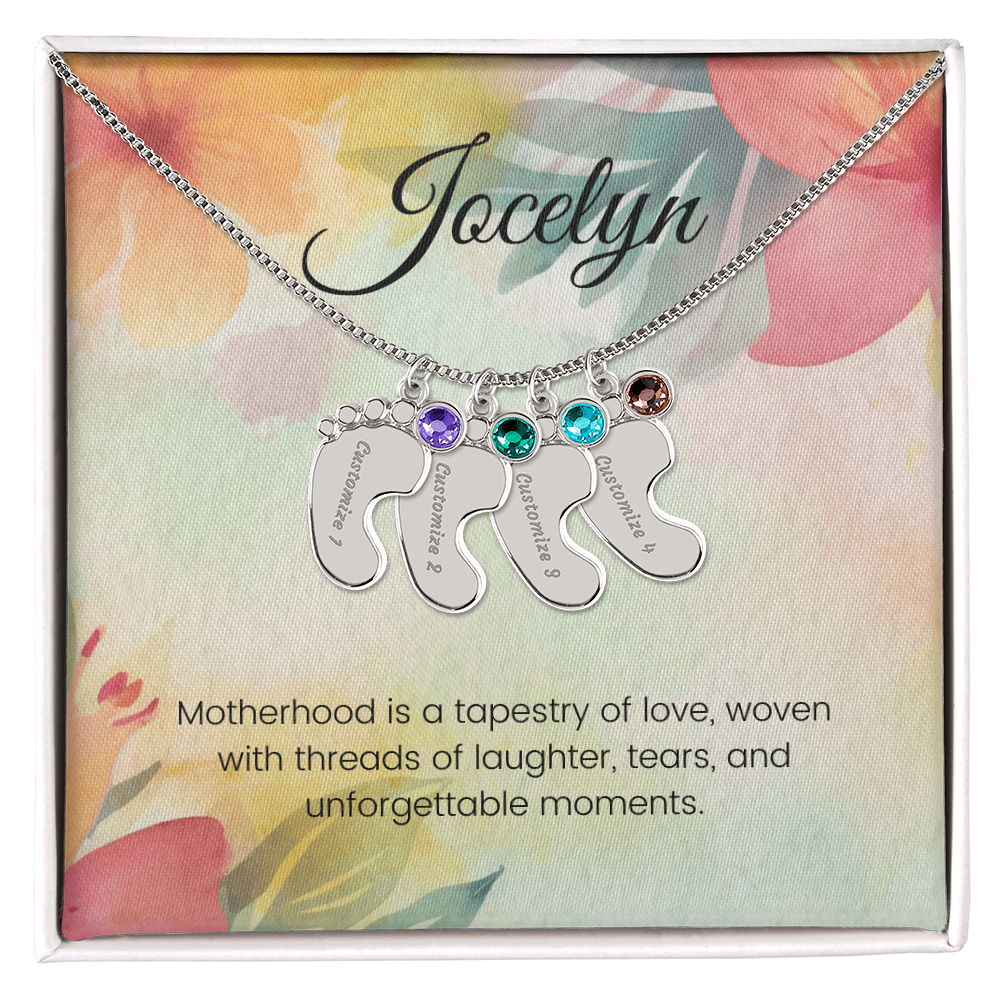 Engraved Baby Feet Necklace with Birthstone – Motherhood: A Tapestry of Love, Laughter & Unforgettable Moments | Gift for Moms