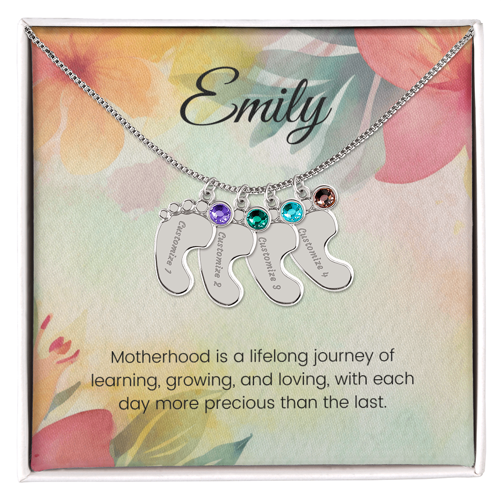 Engraved Baby Feet Necklace with Birthstone – Motherhood: A Lifelong Journey of Growth & Loving Moments | Gift for New Moms