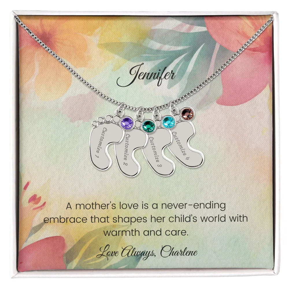 A Mother's Love Is a Never-Ending Embrace - Engraved Baby Feet Necklace with Birthstone