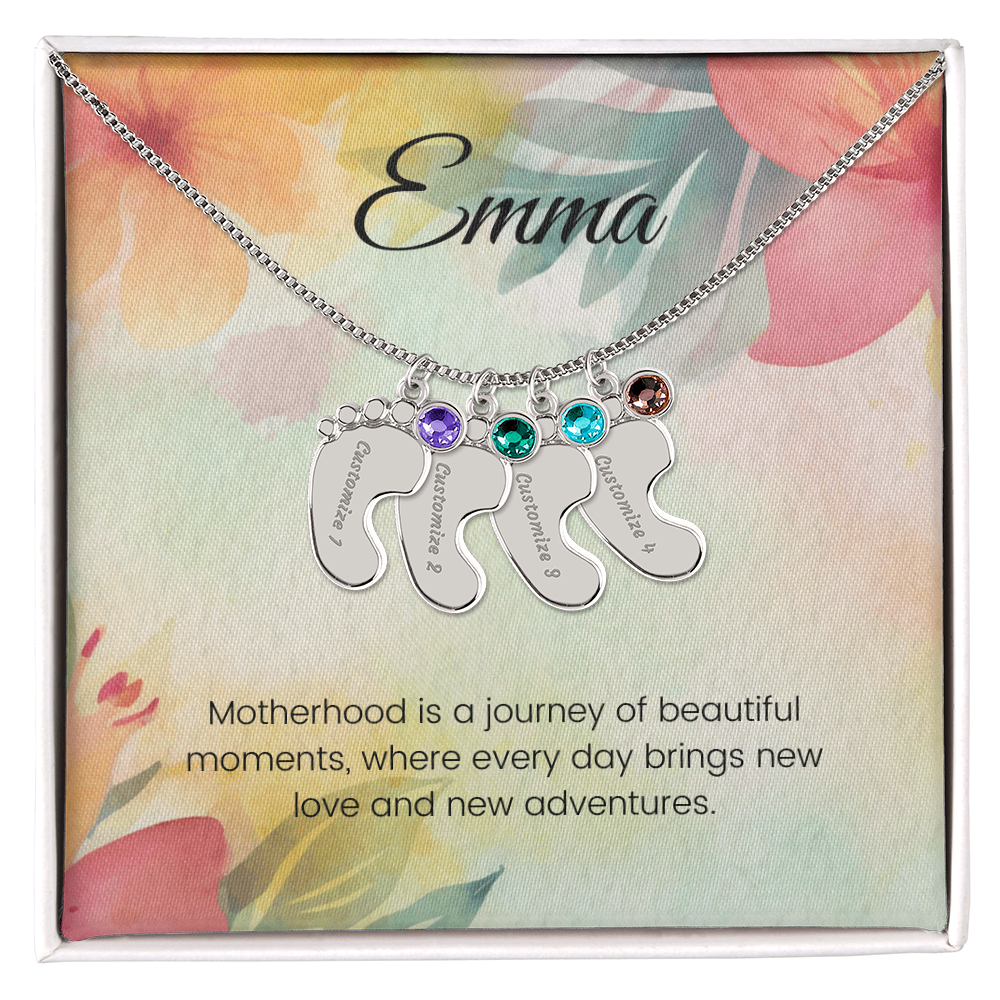 Engraved Baby Feet Necklace with Birthstone – Journey of Beautiful Moments & New Adventures | Gift for New Moms