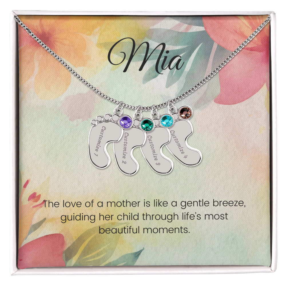 Engraved Baby Feet Necklace with Birthstone – A Mother's Love: Like a Gentle Breeze Guiding Her Child | Ideal Gift for New Moms