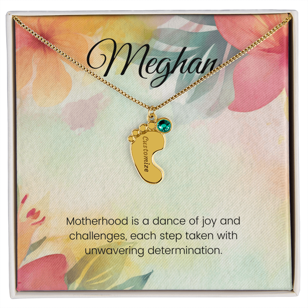 Engraved Baby Feet Necklace with Birthstone – Dance of Motherhood: Joy, Challenges & Unwavering Determination | Gift for New Moms