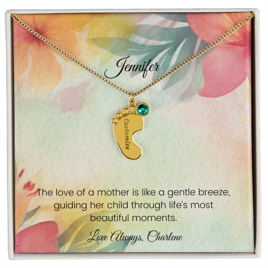 The Love of a Mother Is Like a Gentle Breeze - Engraved Baby Feet Necklace with Birthstone
