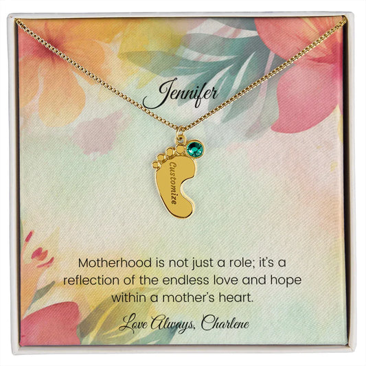 Motherhood is not just a role - Engraved Baby Feet Necklace with Birthstone