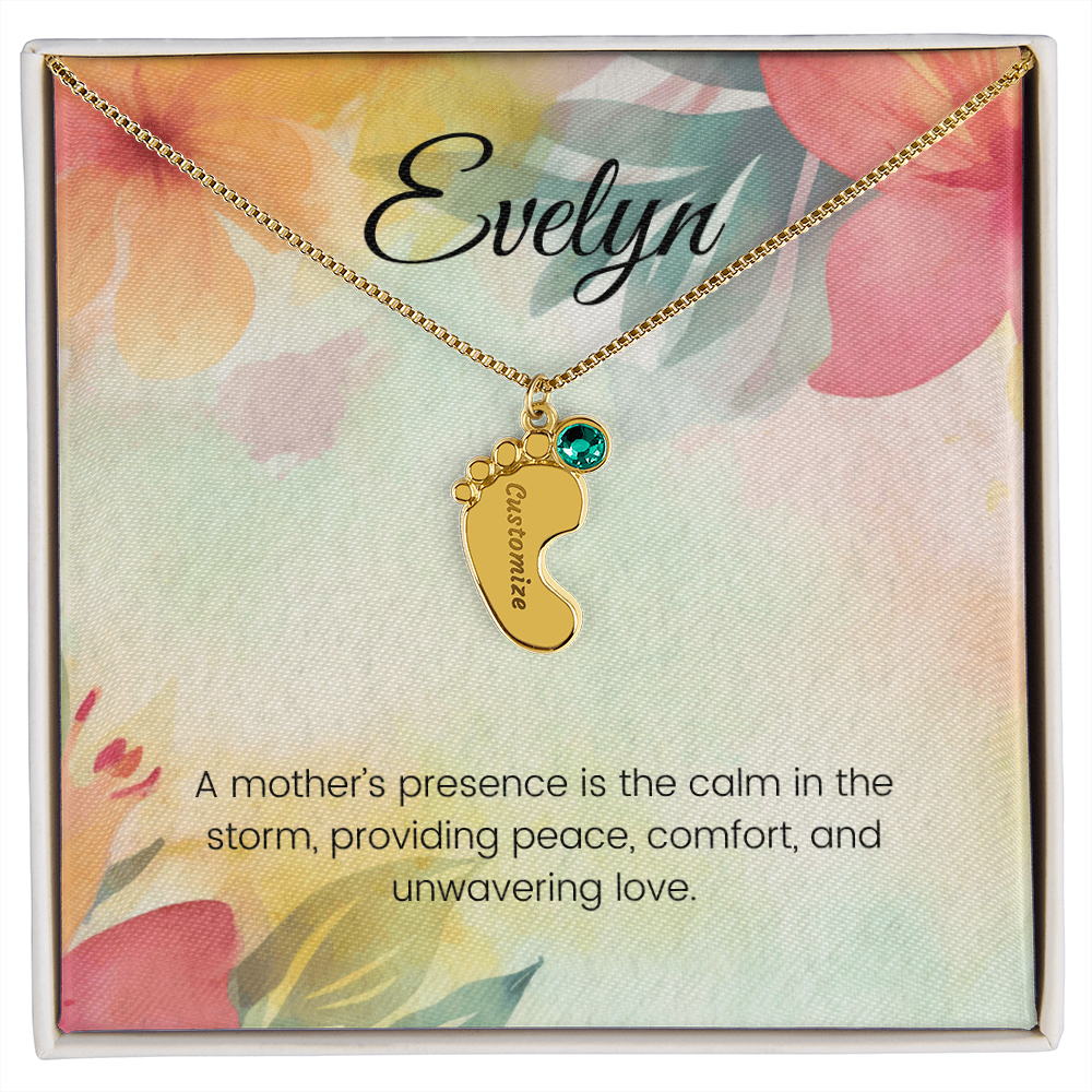 Engraved Baby Feet Necklace with Birthstone – A Mother's Presence: Calm in the Storm & Unwavering Love | Gift for New Moms