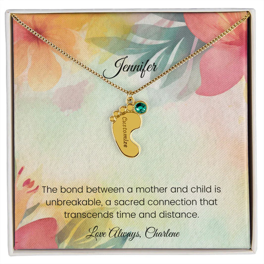 The Bond Between a Mother and Child - Engraved Baby Feet Necklace with Birthstone