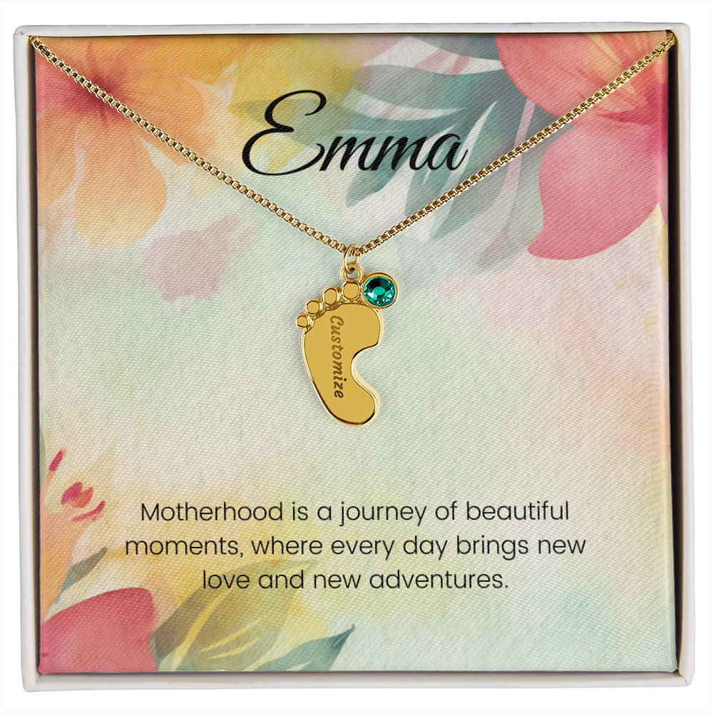 Engraved Baby Feet Necklace with Birthstone – Journey of Beautiful Moments & New Adventures | Gift for New Moms