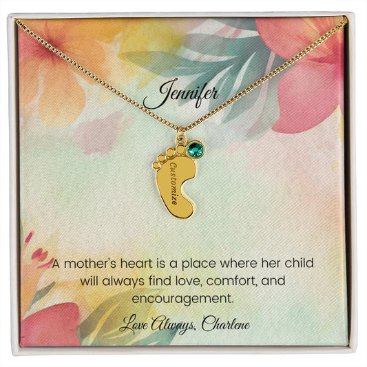 A Mother's Heart Is a Place - Engraved Baby Feet Necklace with Birthstone
