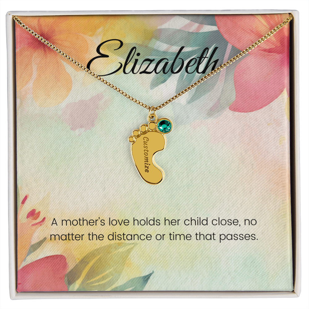 Engraved Baby Feet Necklace with Birthstone – A Mother's Love Holds Her Child Close, Always | Perfect Gift for New Moms