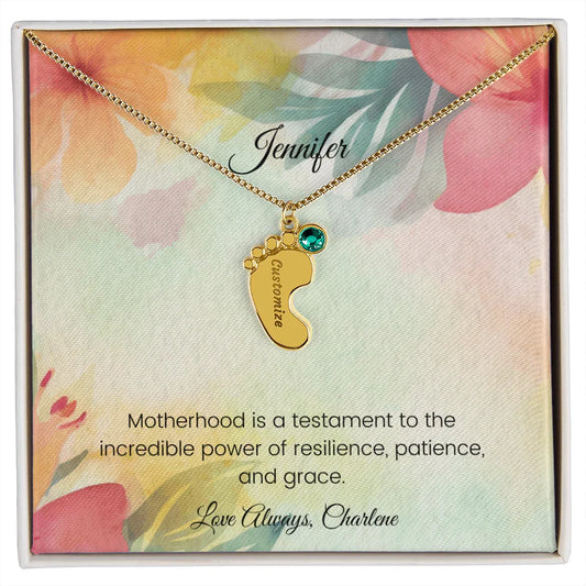 Motherhood is a testament - Engraved Baby Feet Necklace with Birthstone