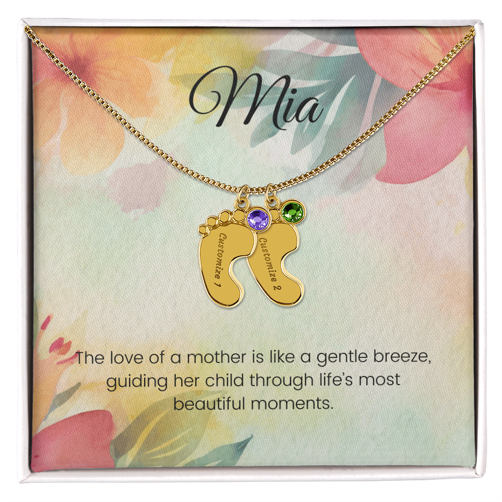 Engraved Baby Feet Necklace with Birthstone – A Mother's Love: Like a Gentle Breeze Guiding Her Child | Ideal Gift for New Moms