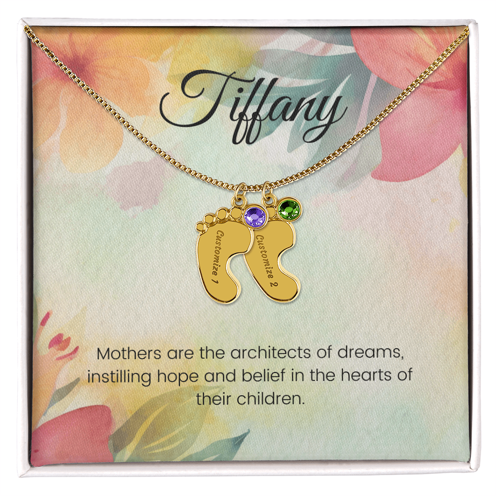 Engraved Baby Feet Necklace with Birthstone – Architects of Dreams: Love, Hope & Belief | Ideal Gift for Moms & New Moms