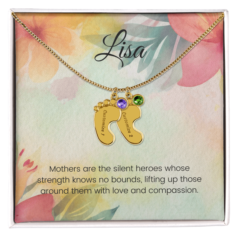Engraved Baby Feet Necklace with Birthstone – Silent Heroes: A Mother's Strength, Love & Compassion | Ideal Gift for New Moms