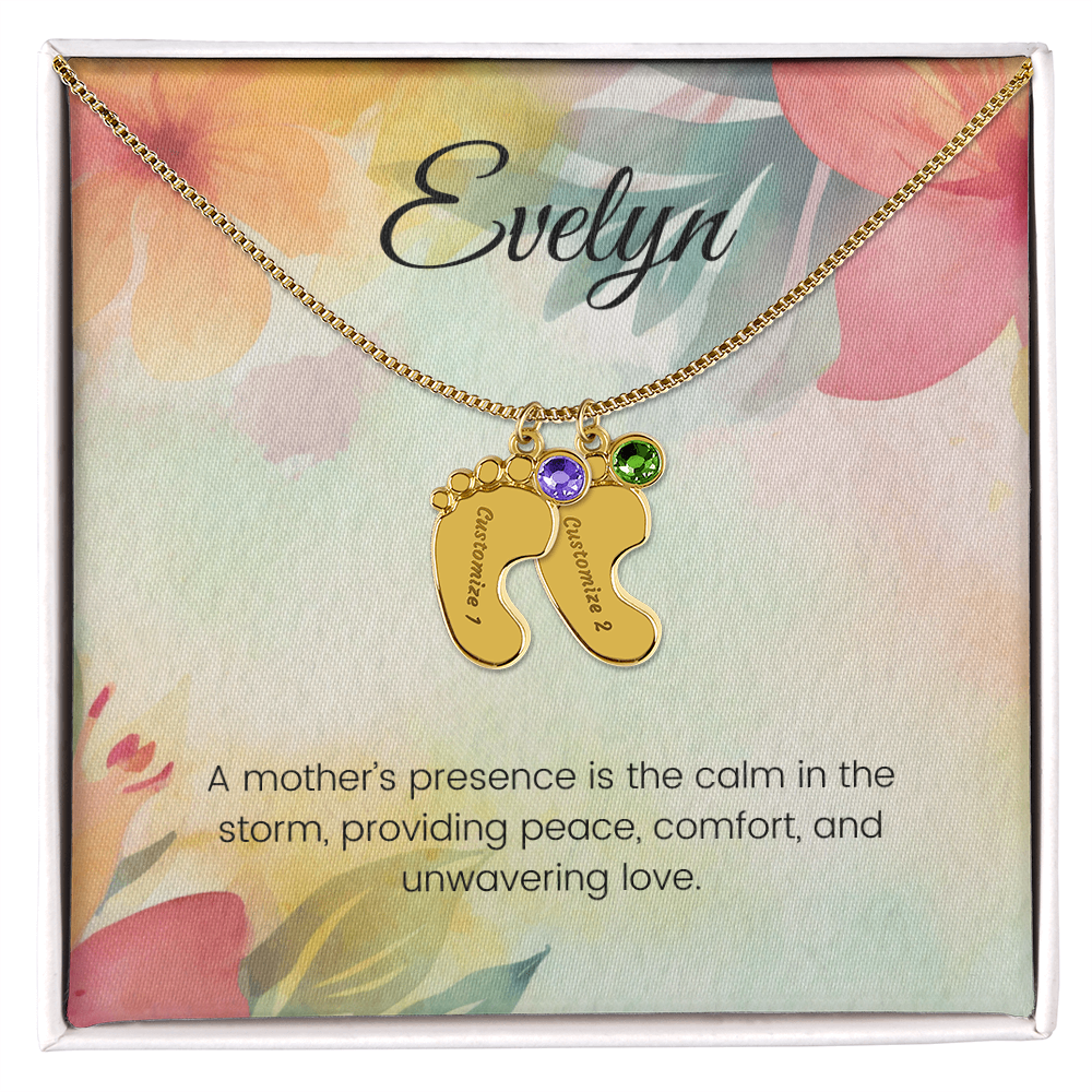 Engraved Baby Feet Necklace with Birthstone – A Mother's Presence: Calm in the Storm & Unwavering Love | Gift for New Moms