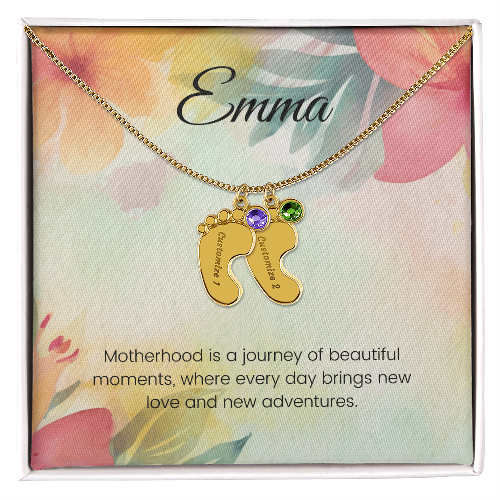 Engraved Baby Feet Necklace with Birthstone – Journey of Beautiful Moments & New Adventures | Gift for New Moms