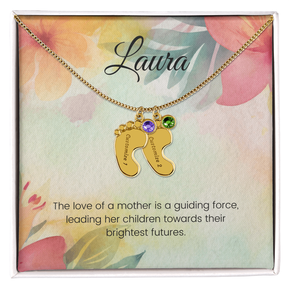 Engraved Baby Feet Necklace with Birthstone – Guiding Force of a Mother's Love | Perfect Gift for New Moms & Moms-to-Be