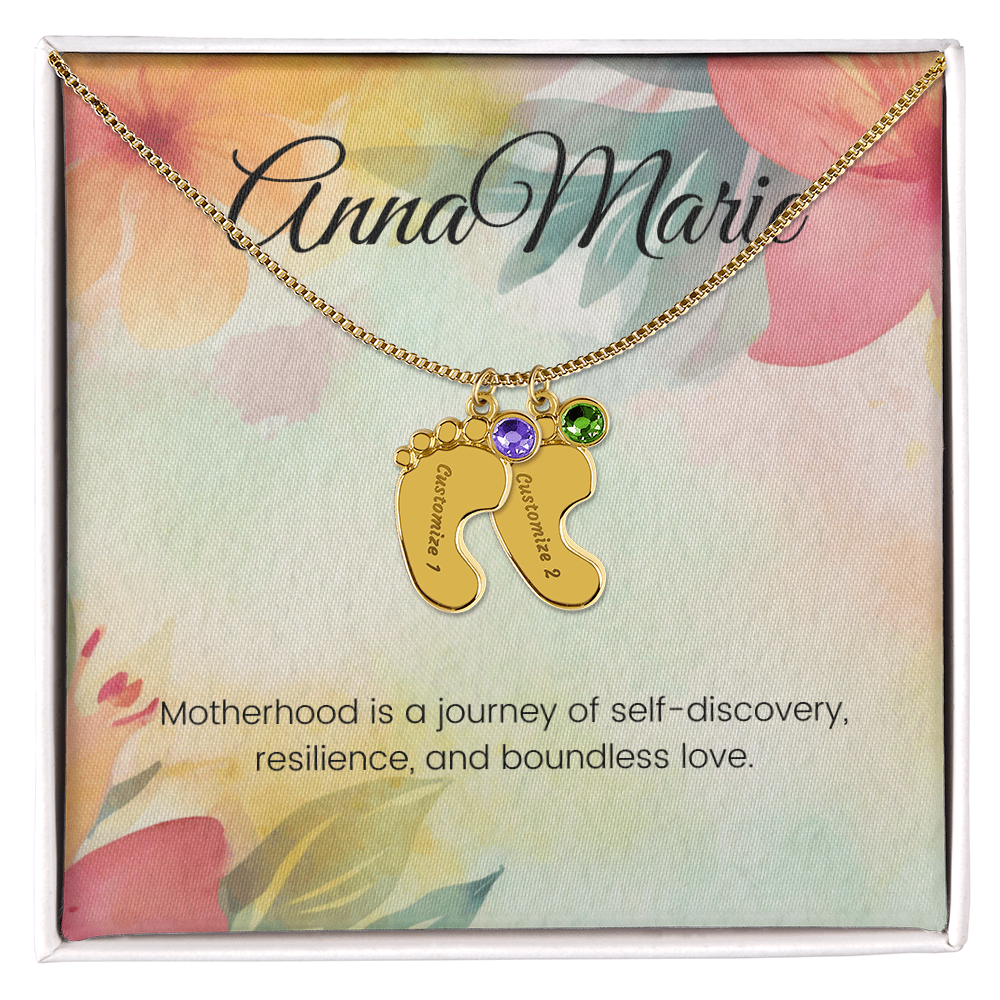 Engraved Baby Feet Necklace with Birthstone – Journey of Self-Discovery & Boundless Love | Gift for New Moms