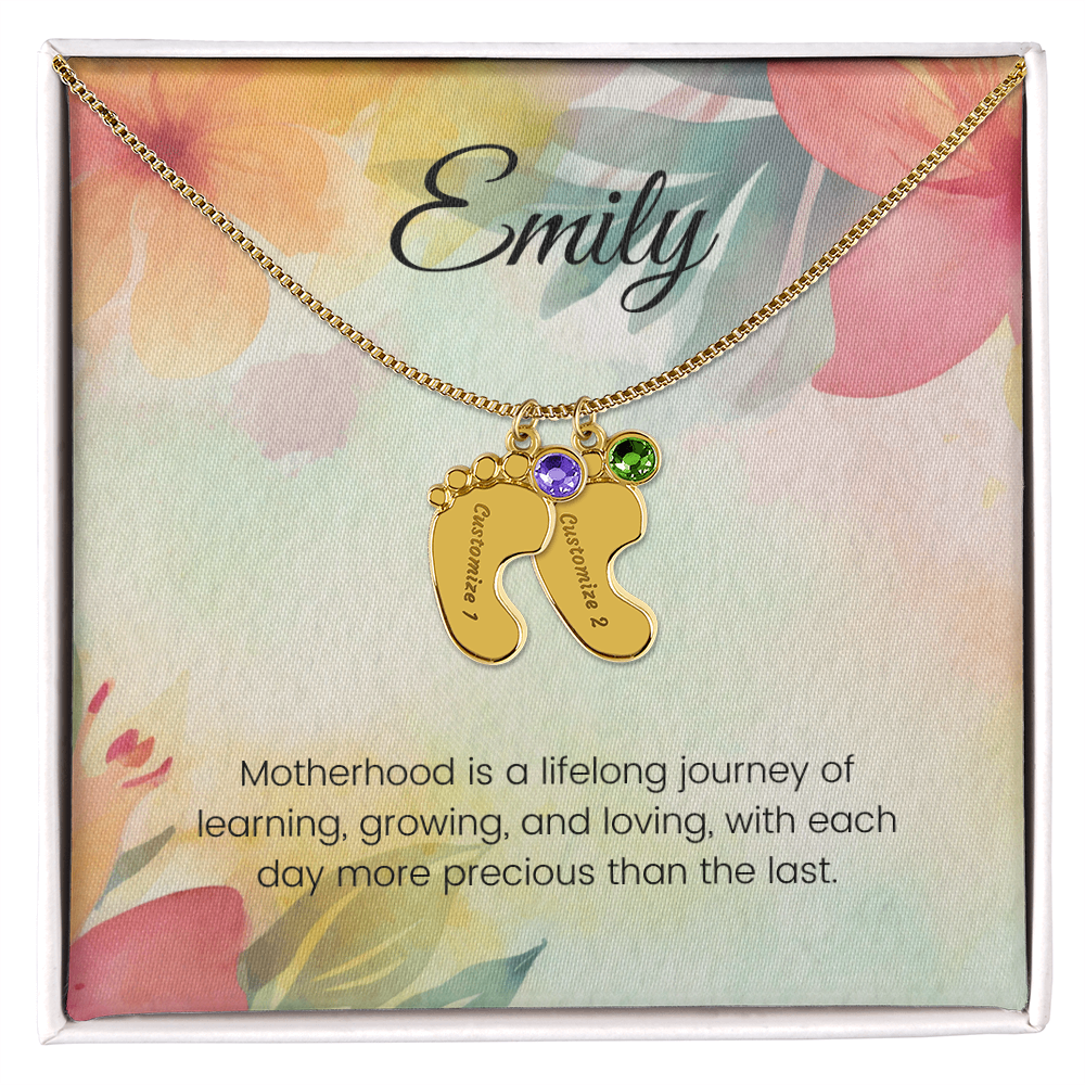 Engraved Baby Feet Necklace with Birthstone – Motherhood: A Lifelong Journey of Growth & Loving Moments | Gift for New Moms