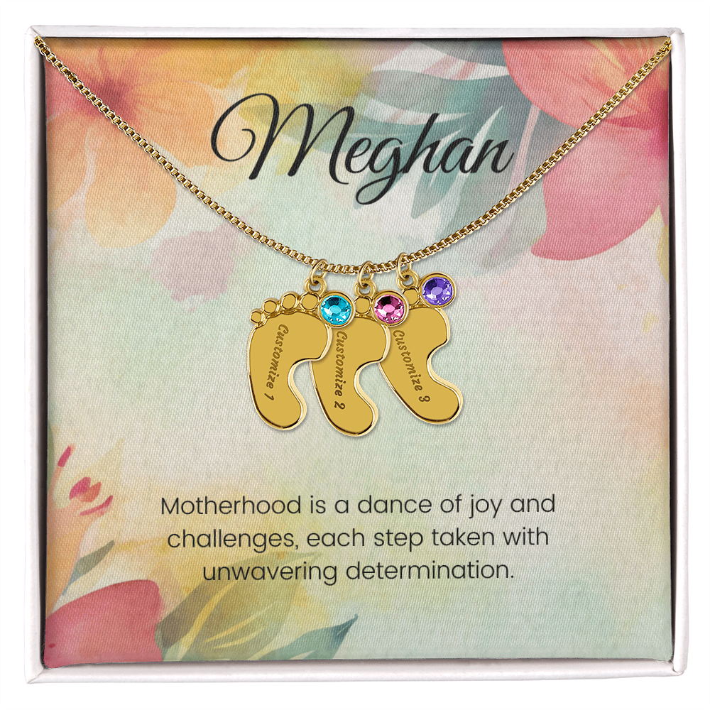 Engraved Baby Feet Necklace with Birthstone – Dance of Motherhood: Joy, Challenges & Unwavering Determination | Gift for New Moms