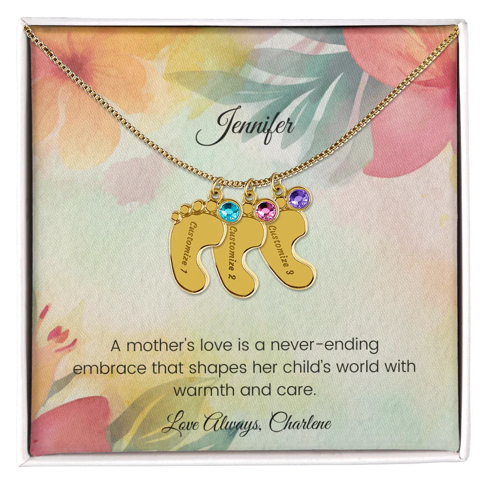 A Mother's Love Is a Never-Ending Embrace - Engraved Baby Feet Necklace with Birthstone