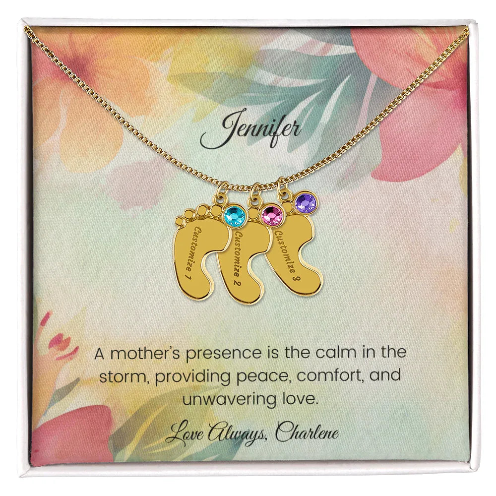 A Mother's Presence Is the Calm in the Storm - Engraved Baby Feet Necklace with Birthstone