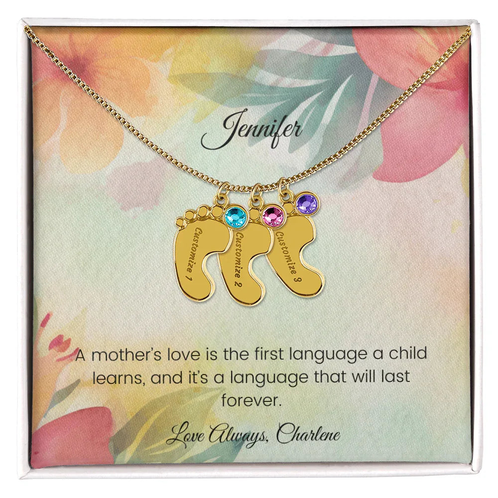 A Mother's Love Is the First Language - Engraved Baby Feet Necklace with Birthstone