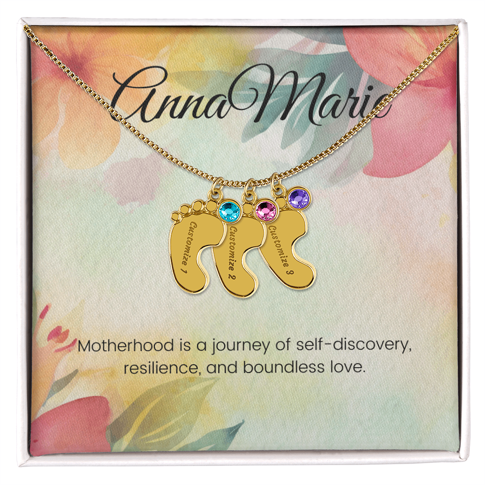 Engraved Baby Feet Necklace with Birthstone – Journey of Self-Discovery & Boundless Love | Gift for New Moms