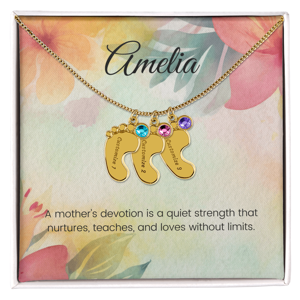 Engraved Baby Feet Necklace with Birthstone – A Mother's Quiet Strength, Nurturing & Loving | Perfect Gift for New Moms