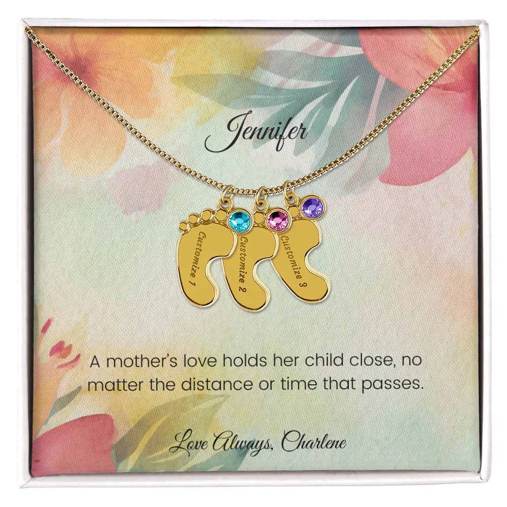 A Mother's Love Holds Her Child Close - Engraved Baby Feet Necklace with Birthstone