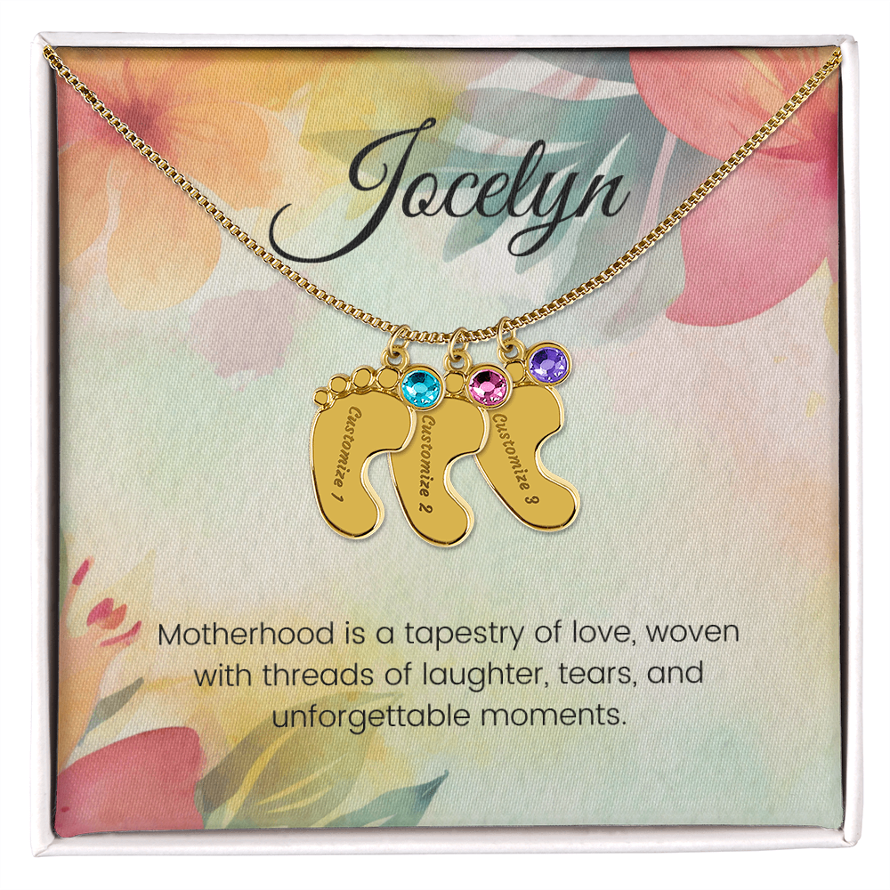 Engraved Baby Feet Necklace with Birthstone – Motherhood: A Tapestry of Love, Laughter & Unforgettable Moments | Gift for Moms