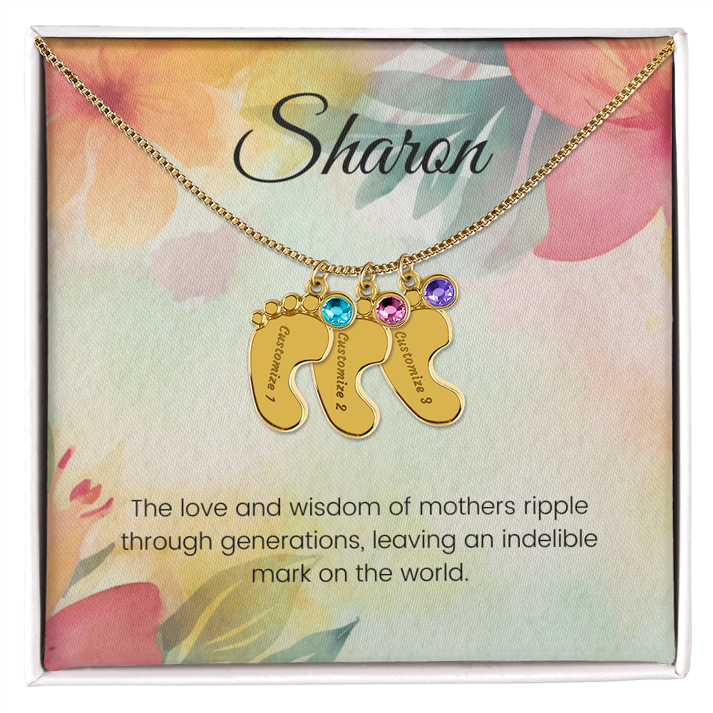 Engraved Baby Feet Necklace with Birthstone – A Mother's Love Ripples Through Generations | Ideal Gift for New Moms