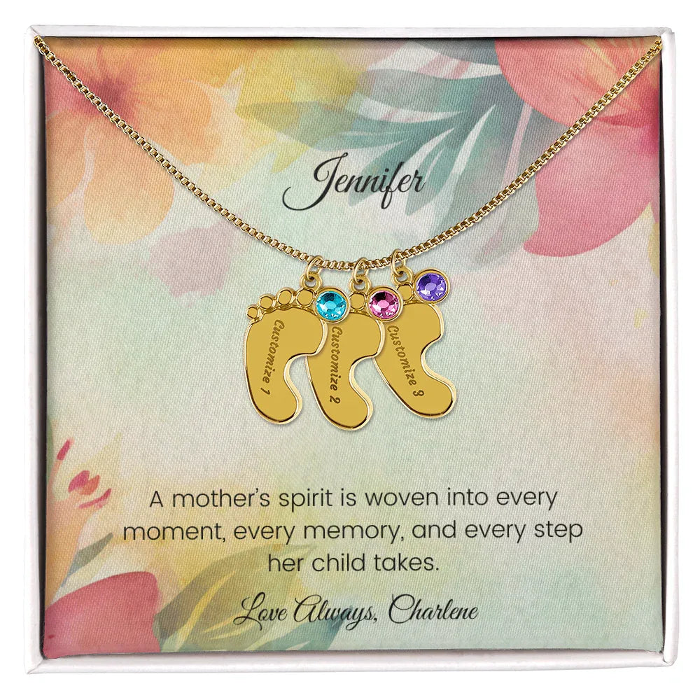 A Mother's Spirit Is Woven into Every Moment - Engraved Baby Feet Necklace with Birthstone