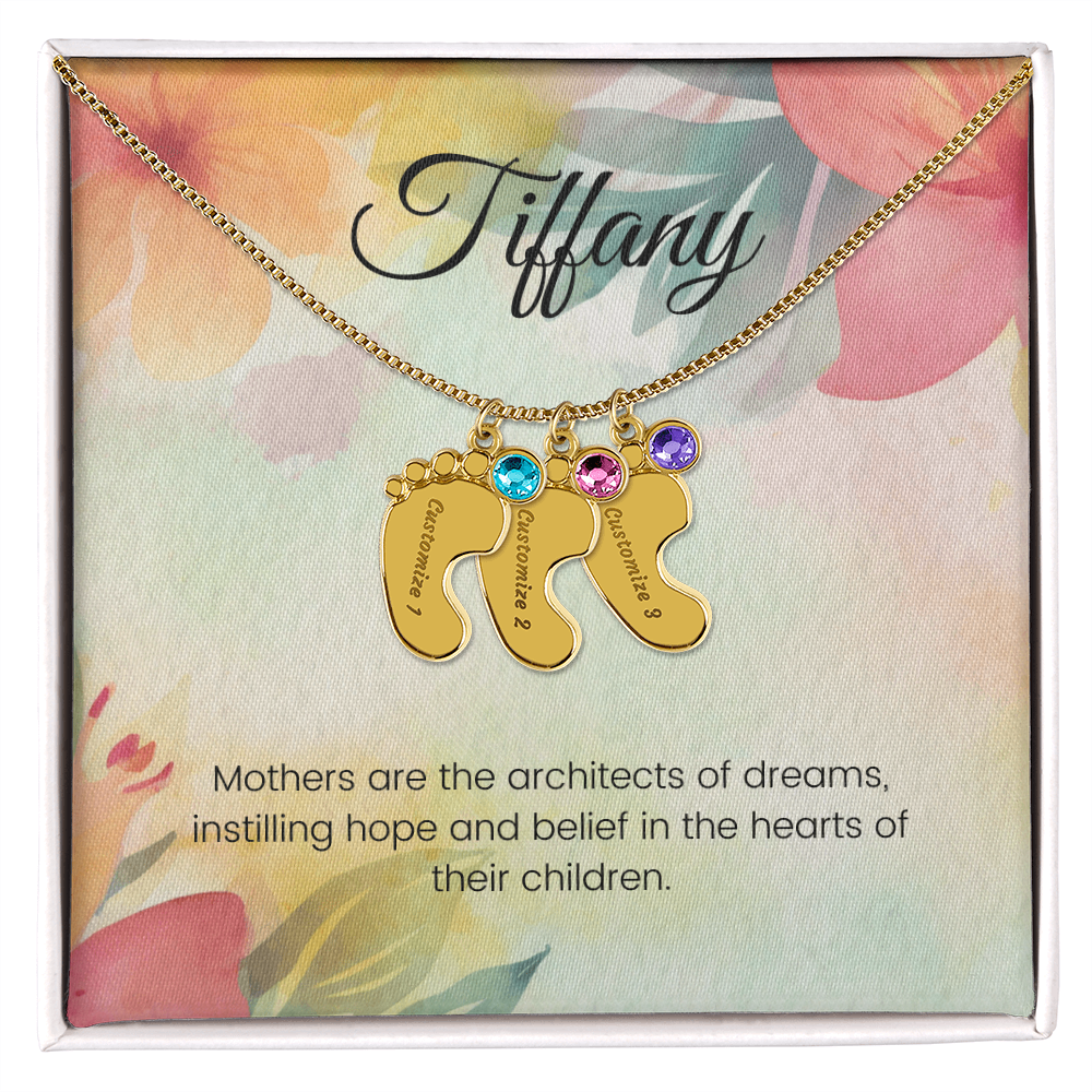 Engraved Baby Feet Necklace with Birthstone – Architects of Dreams: Love, Hope & Belief | Ideal Gift for Moms & New Moms