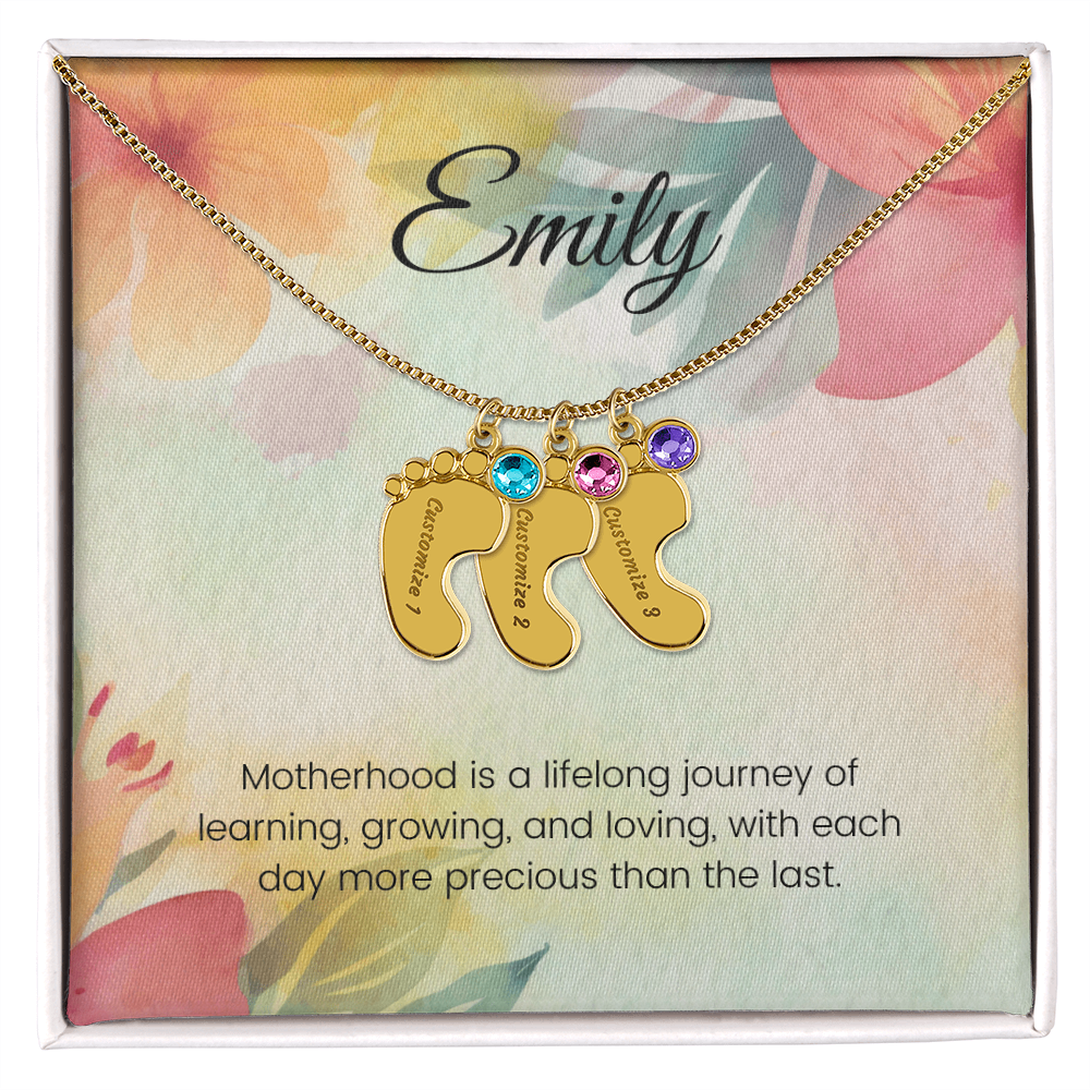 Engraved Baby Feet Necklace with Birthstone – Motherhood: A Lifelong Journey of Growth & Loving Moments | Gift for New Moms