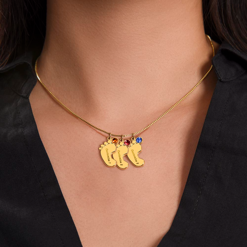 Engraved Baby Feet Necklace with Birthstone – A Mother's Love Holds Her Child Close, Always | Perfect Gift for New Moms